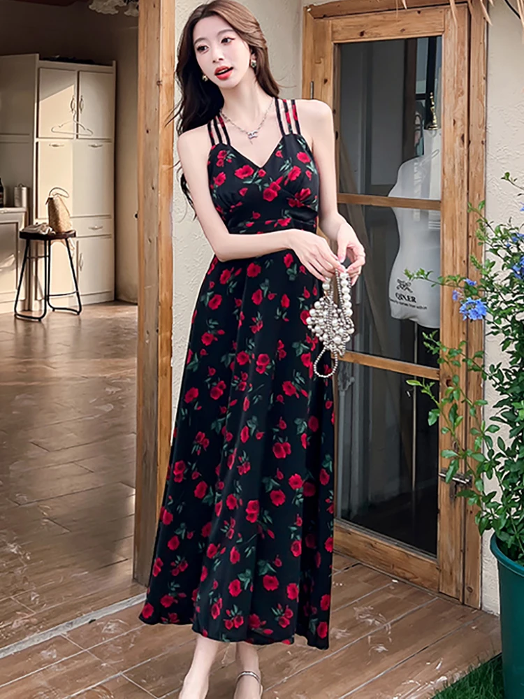 Summer Black Chiffon Chic Ruffled Floral Sling Long Dress Women Korean Vintage Evening Dress 2025 Elegant Bodycon Party Vestidos