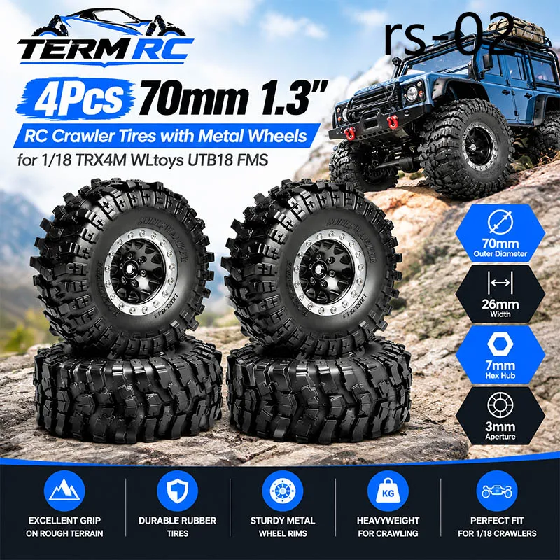 4 pneus pour crawler RC de 70 mm (1,3 po) avec jantes en métal, pour modèles 1/18 TRX4M, WLtoys, UTB18, FMS.