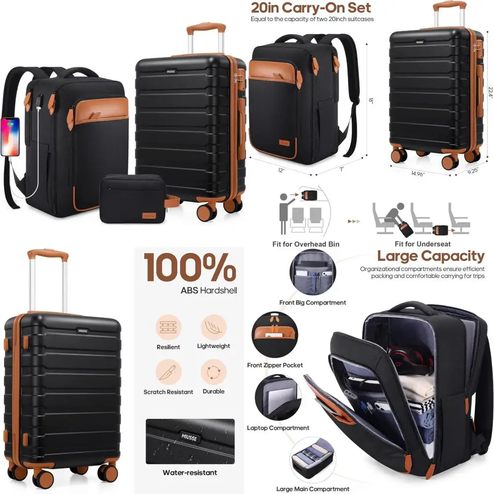 Men's & Women's 20 Inch Hardshell Luggage Set with Backpack, Airline Approved Carry-On 22x14x9 for Travel and Weekend Getaways