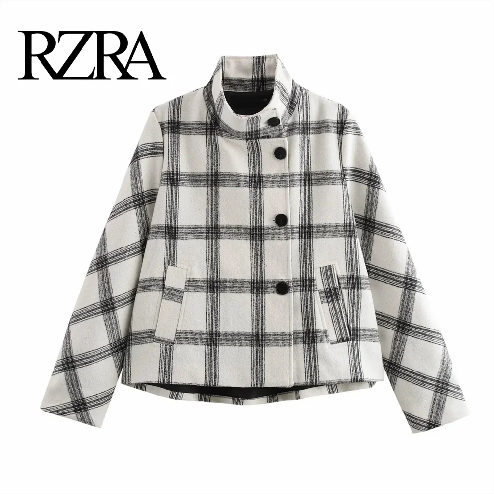 RZRA 2024 Autumn/Winter New Product Women's Versatile Stand Collar Plaid Long Sleeve Stand Collar Jacket Coat