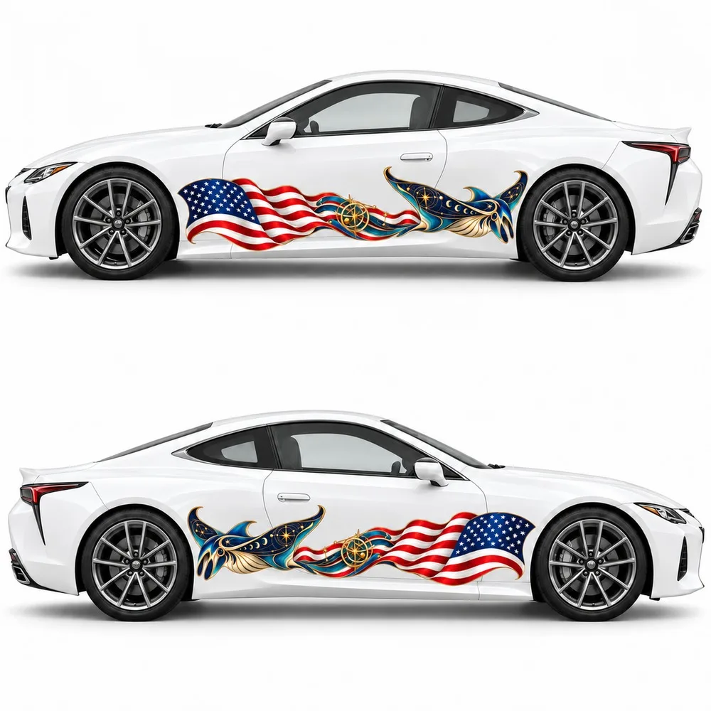 2 PCS American Flag Manta Ray Car Side Decals, Red White Blue Celestial Ocean Die-Cut Vinyl Sticker Set