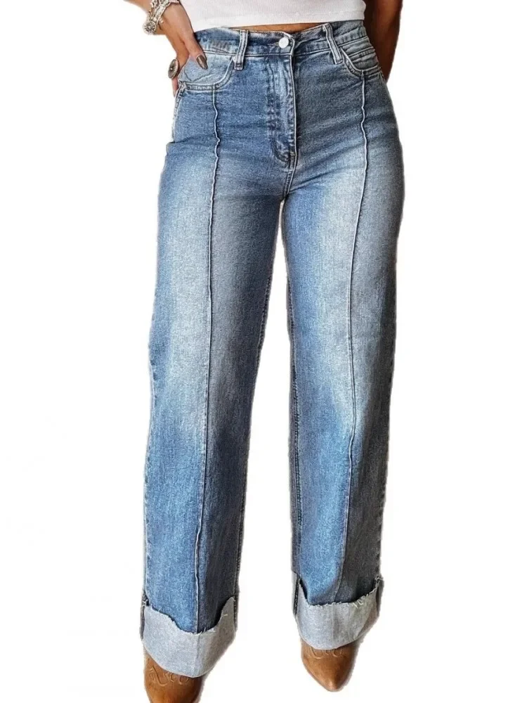 Celana Jeans Wanita High Waist Model Retro Streetwear Harajuku Musim Gugur, Celana Denim Longgar Kaki Lebar Model Lurus, Celana Baggy Y2K