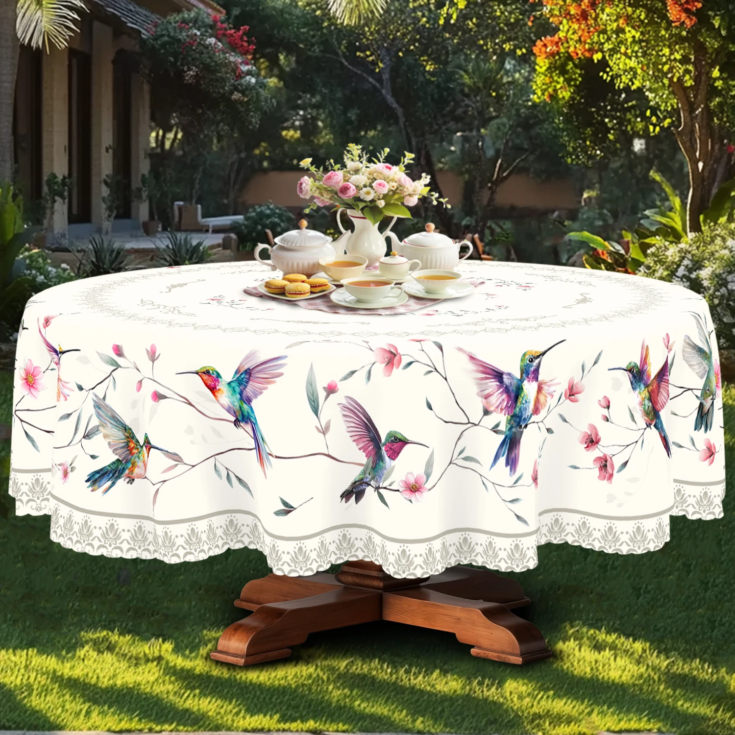 Toalha de Mesa com Tema Floral de Beija-flor em Aquarela, Beija-flor Fofos Abertos de Asas em uma Galho, Delicadas Flores de Pêssego e Outras Flores, Estampa Clássica em Estilo Francês, Múltiplas Opções de Tamanho, Impermeável, Resistente a Rugas, Fácil d
