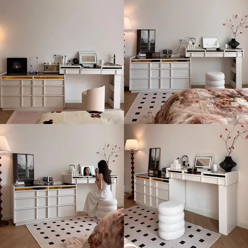 Vintage Flip Top Dresser with Integrated Vanity Mirror Bone Inlay Chest of Drawers Bedroom Storage Cabinet Nightstand