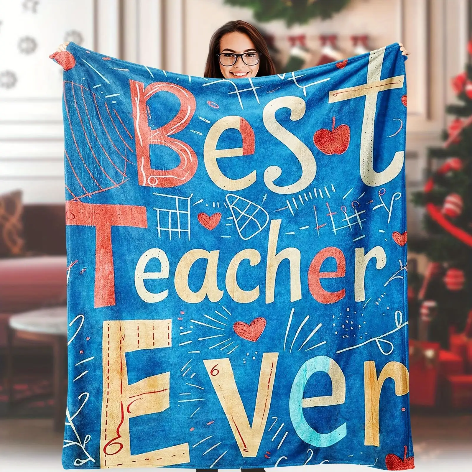 Best Teacher Ever Throw Blanket - Soft Flannel All-Season Gift for Educators with School Icons, Pencils & Hearts - Cozy Classroo