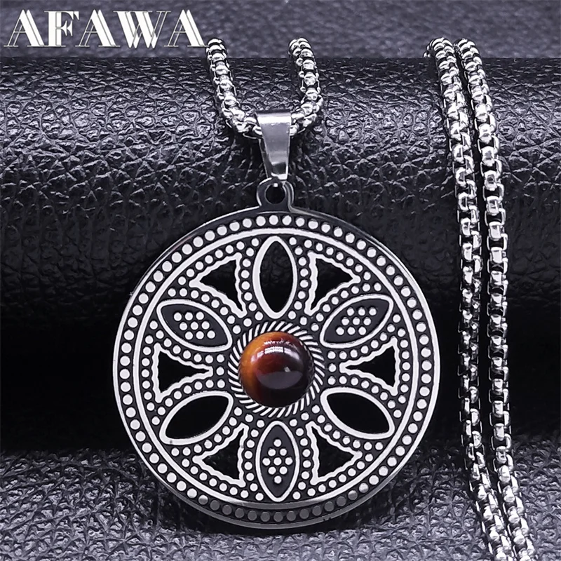 Vintage Flower of Life Pendant Necklaces Tiger Eye Stainless Steel for Women/Men Sacred Geometry Chain Necklace Jewelry collares