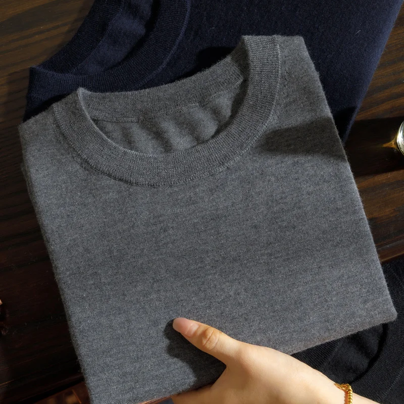 Men's 100% cashmere T-shirt business casual knitted sweater short sleeved pullover round neck Tees basic fine spun cashmere Tops