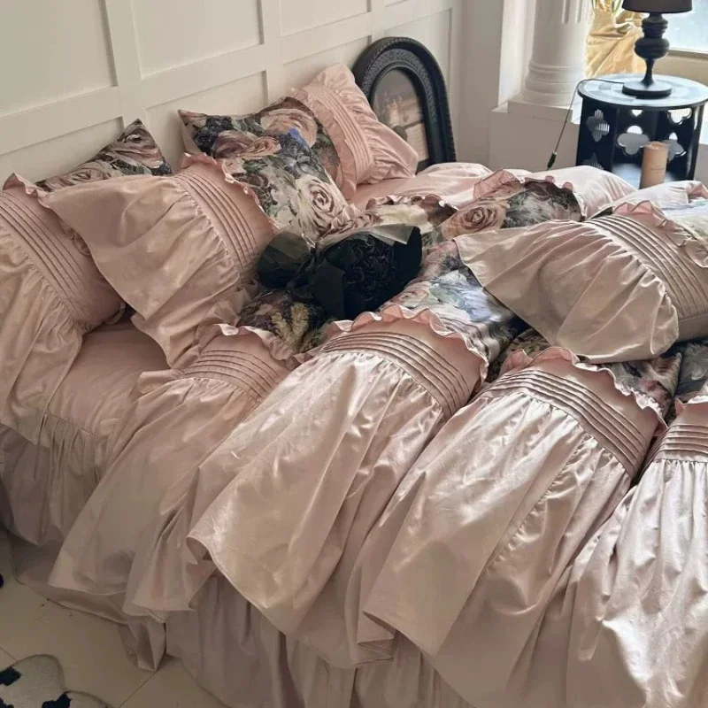 French Bedroom Retro Rose Cotton Bed Skirt Four Piece Set Long Staple Cotton Girl Princess Style Lotus Leaf Lace Duvet Cover