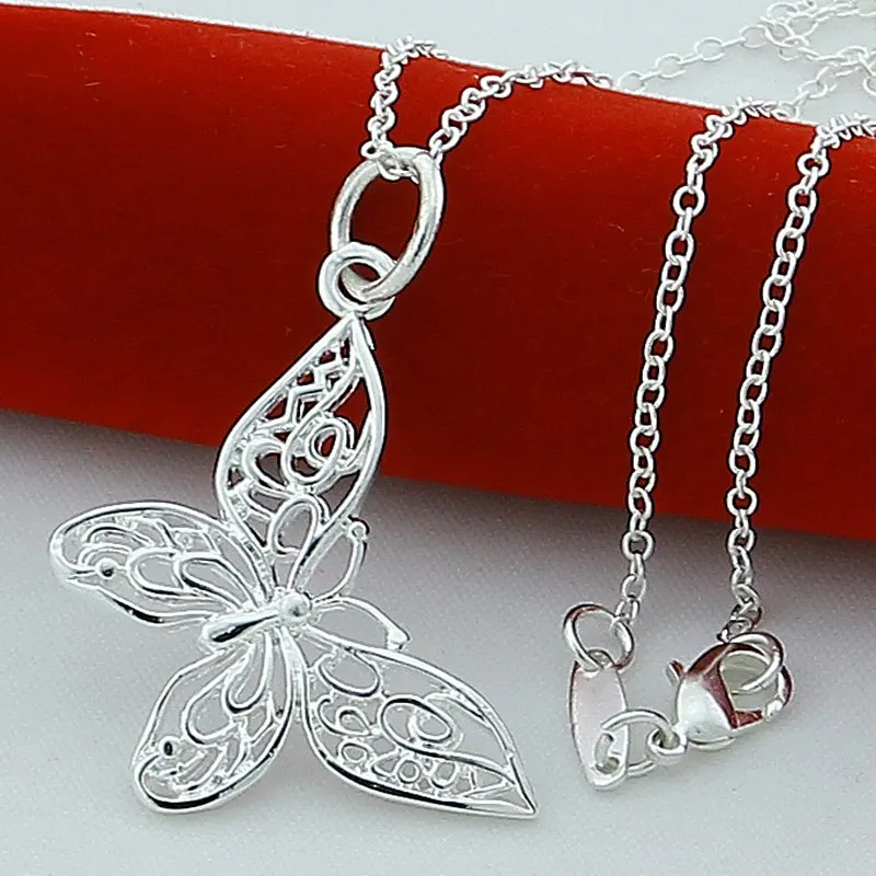 

925 Sterling Silver Butterfly 18 Inch Pendant Necklace For Women Fashion Wedding Engagement Party Jewelry