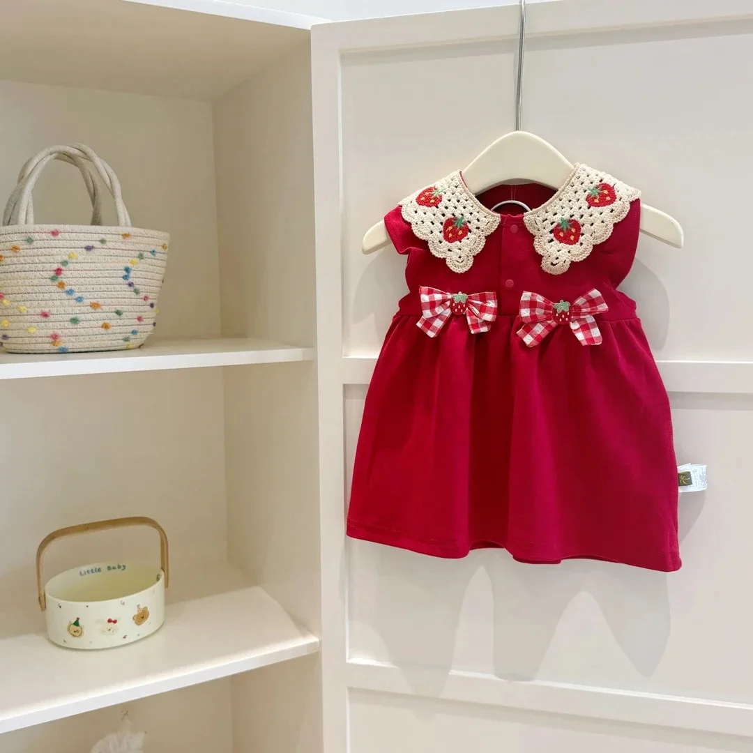 Summer Children's Lace Princess Dress with Bow Red Strawberry Vest New Girls' Clothing Set