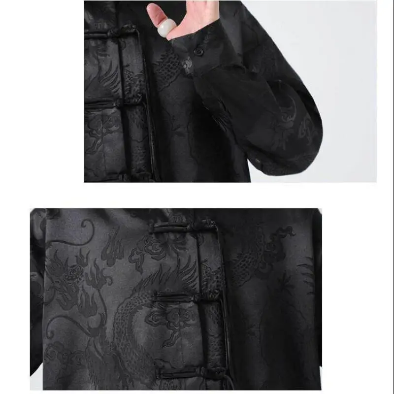 Dragon Jacquard Long Sleeve Lapel Collar Chinese Button Knot Shirt - Luxury Traditional & Modern Tang Suit Style for Men Plus