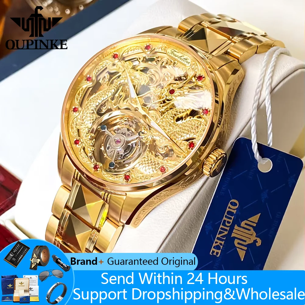 

OUPINKE 3176, полые мужские часы, лучший бренд, часы с турбийоном и драконом для мужчин, роскошные механические мужские наручные часы с сапфировым зеркалом