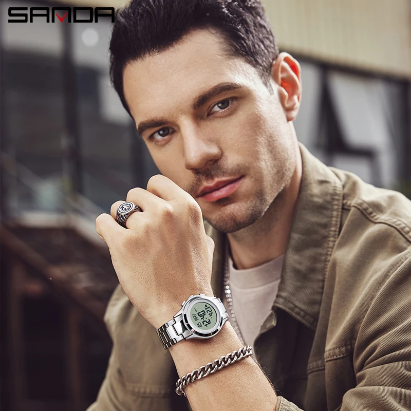 SANDA 6169 Luxury Stainless Steel Strap Men Electronic Watches Fashion Round Square Luminous Waterproof LED Digital Male Watch