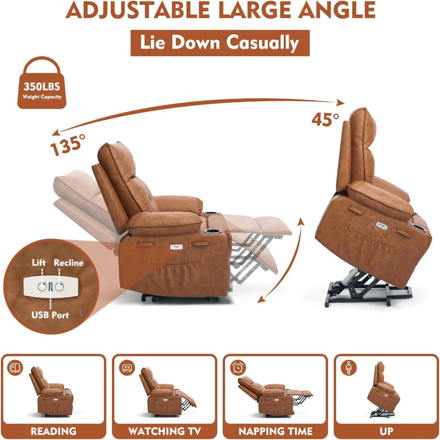 Электрическое кресло с откидной спинкой для пожилых людей с массажем и подогревом, USB-портами и подстаканниками