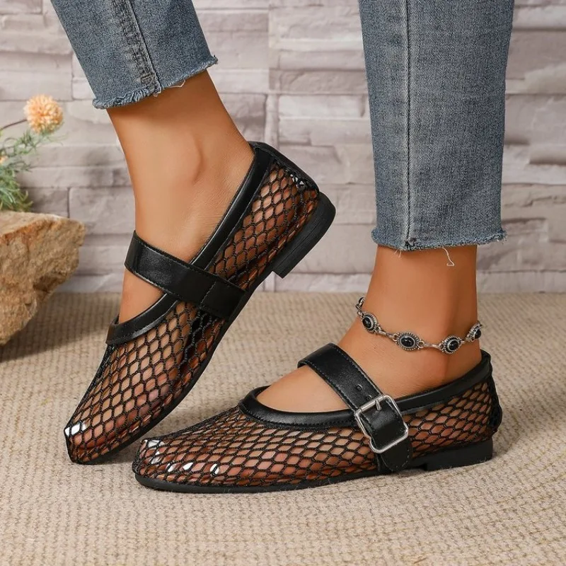 2026 New Women Flat Sandals Mesh Ballet Shoes Female Flat Hollow Mesh Breathable Single Shoes Lightweight Fishnet Sandals Women