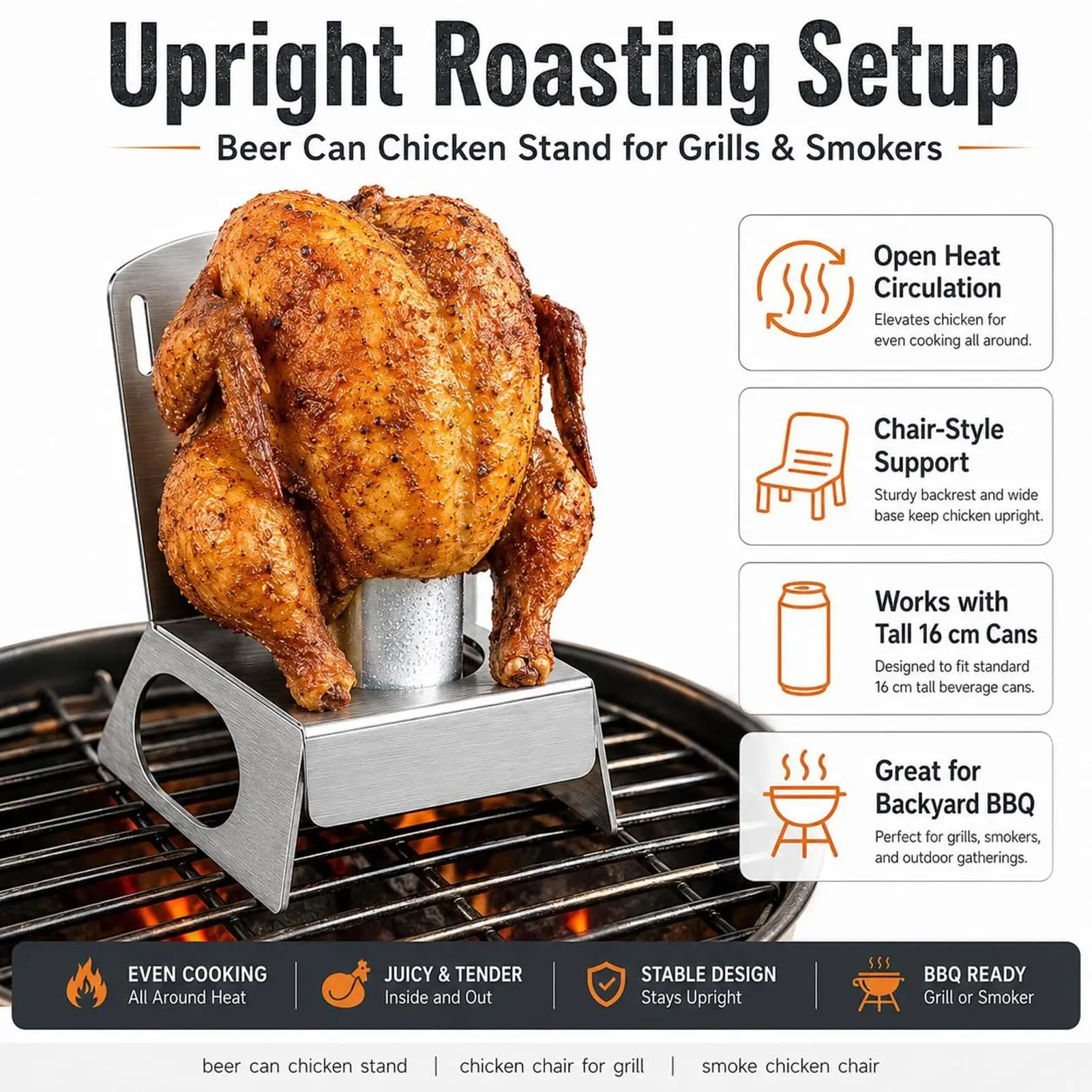 Unique Beer Can Chicken Chair 16oz Heavy-Duty Chair Style Heat Circulation Bbq Grill Chicken Roaster Holder for Kitchen Patio