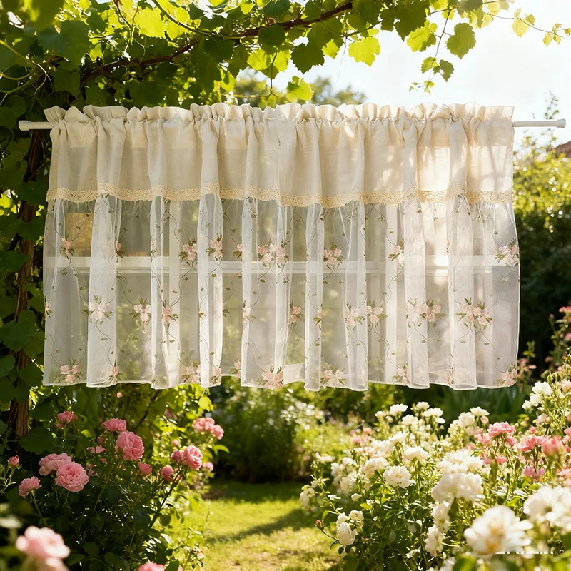 1Piece Retro Romantic Flower Embroidery Sheer Short Curtain Dustproof Partition Half Curtain For Living Room Kitchen Farmhouse
