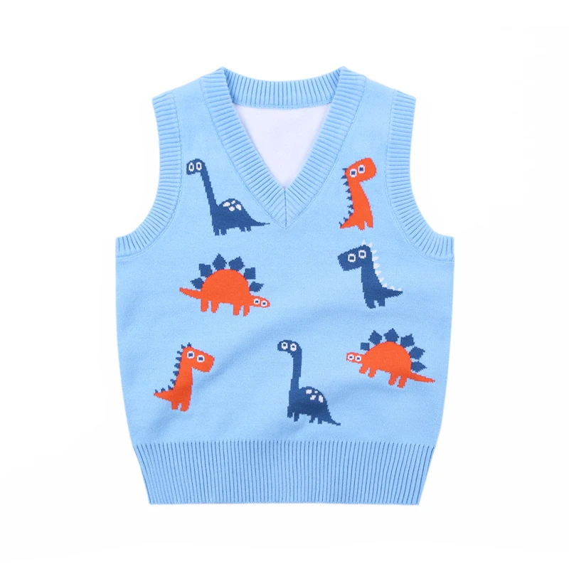 OVTRB Little Boys Dinosaur Sweater Vest Kids Winter Knitted V Neck Sleeveless Pullover Sweater School Casual Children Clothes