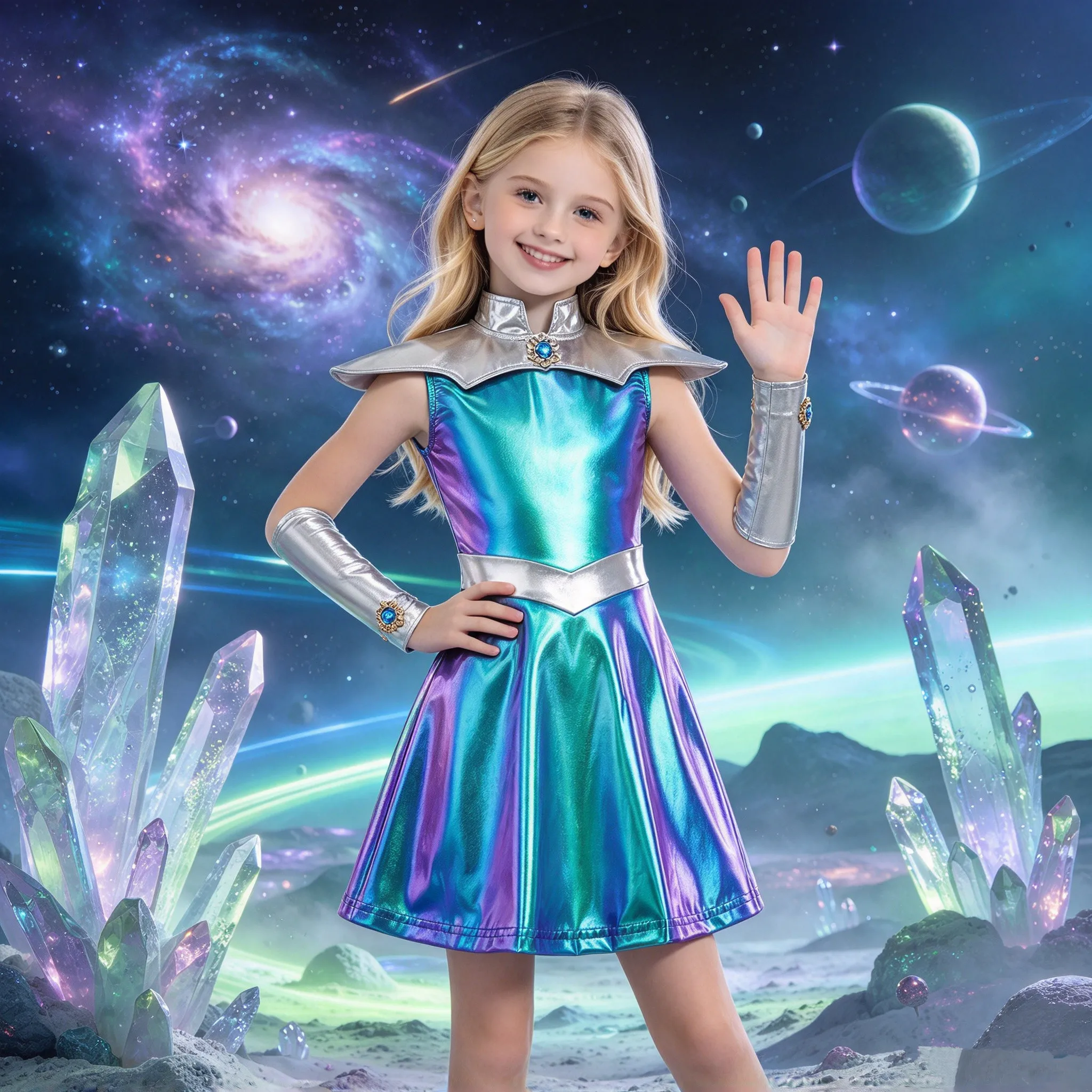 Children Girls Metallic Shiny Outer Space Alien Robot Cosplay Dress with Cape Gloves Halloween Theme Party Role Play Clothes