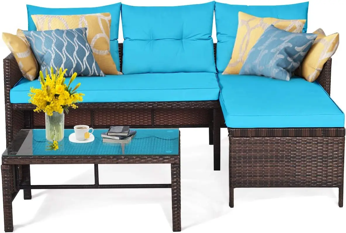 3-Pieces Patio Conversation Set Sectional Rattan Wicker Sofa Set with Steel Frame & Seat Cushion, Outdoor Table & Sofa Furniture