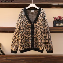 Cardigã solto de malha leopardo feminino, suéter feminino, tops com gola v, casacos de manga comprida, moda vintage, outono, inverno, 2022