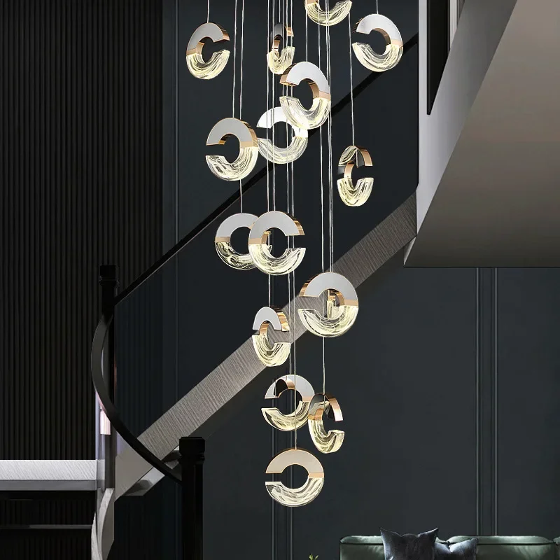 

Modern luxury crystal chandelier new C-type staircase LED chandelier home decoration living room villa duplex long chandelier