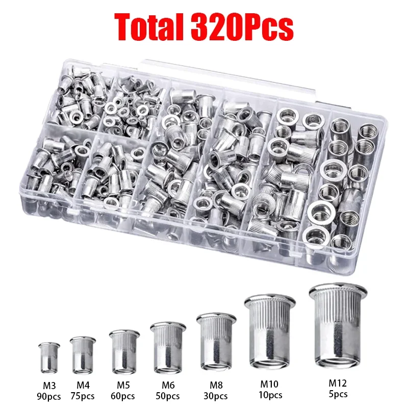 320Pcs Aluminum Rivet Nuts Kit Flat Head Insert Nutsert Rivnuts Assortment Set Threaded Insert Nutserts Assort, M3-M12 nuts