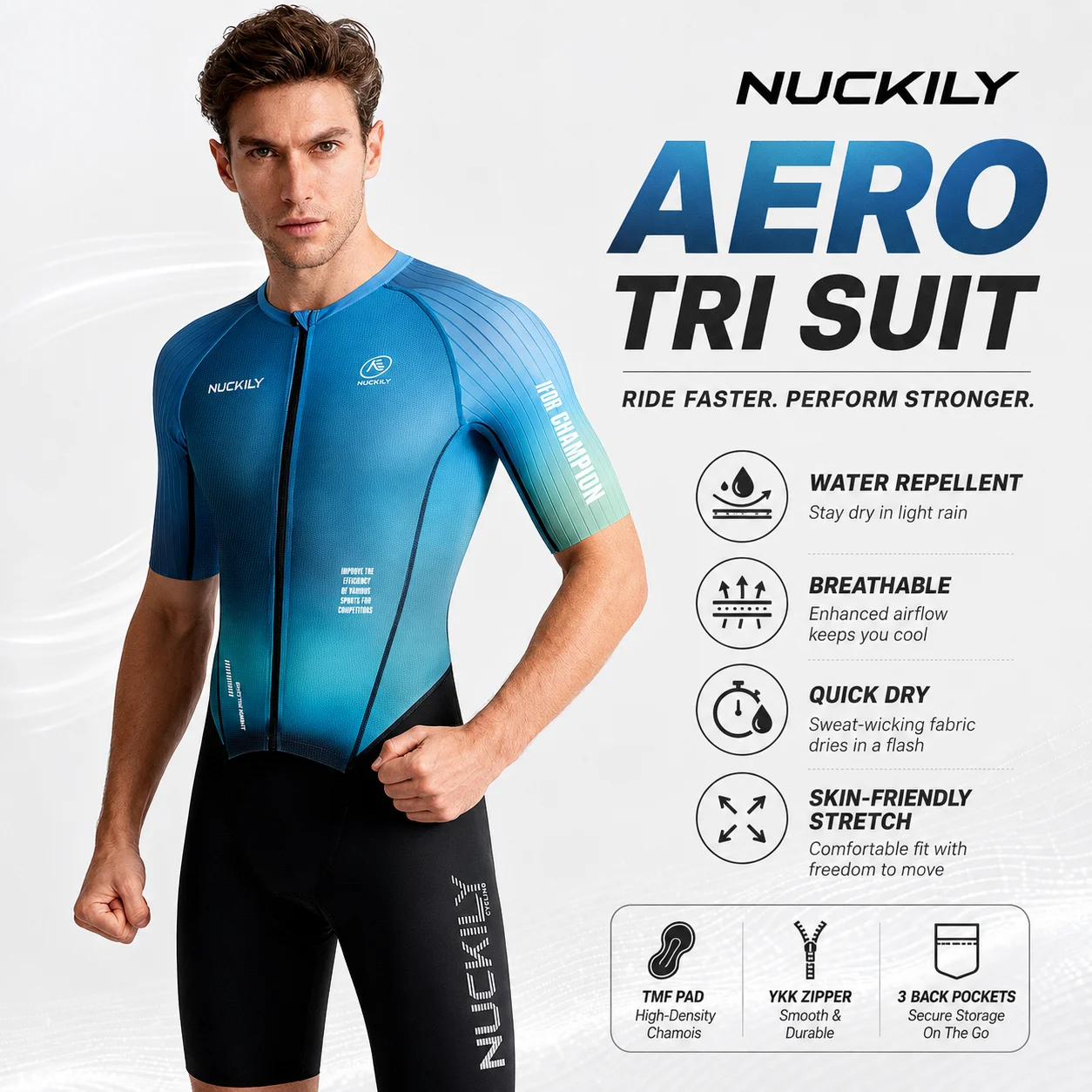 NUCKILY Men Triathlon Suit Aero Short Sleeve Trisuit Quick Dry Breathable Padded One Piece Swim Bike Run Racing Wear