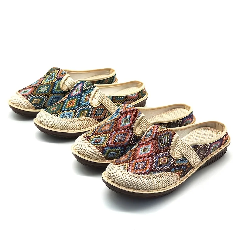 Women\'s Geometric Closed Toe Mules Round Toe Non-slip Linen Cloges Casual Slides Shoes