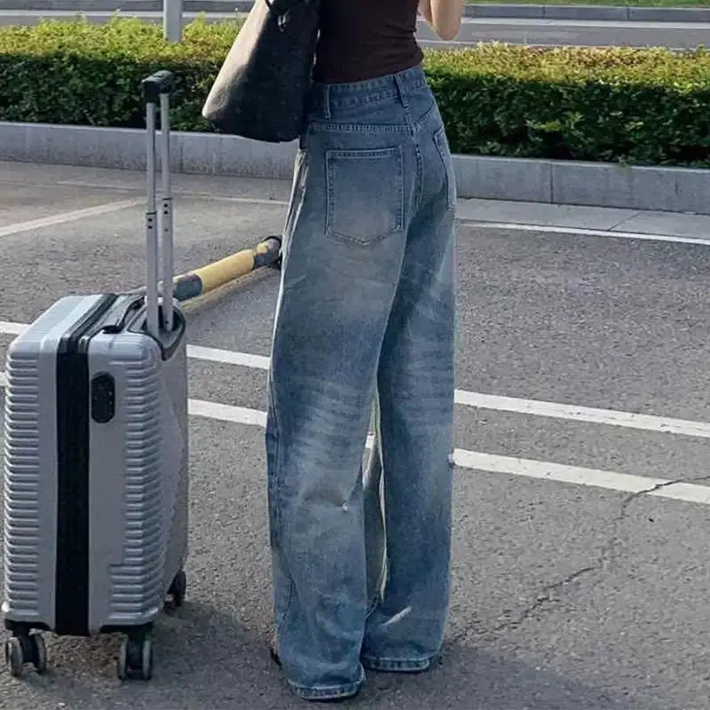 

American Sle High Waist Wide Leg Denim Jeans Retro Hole Punching Slim Straight Hot Girl Loose Fit Floor Length Autumn New A...