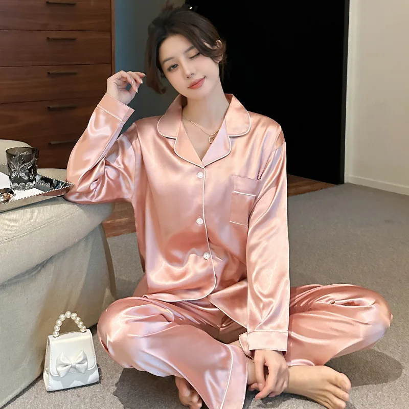 Women\'s Pajamas Sets Spring Autumn 2 Piece Buttons Down Pyjama Faux Silk Satin Sleepwear Long Sleeve Pijama Mujer Pjs Homewear