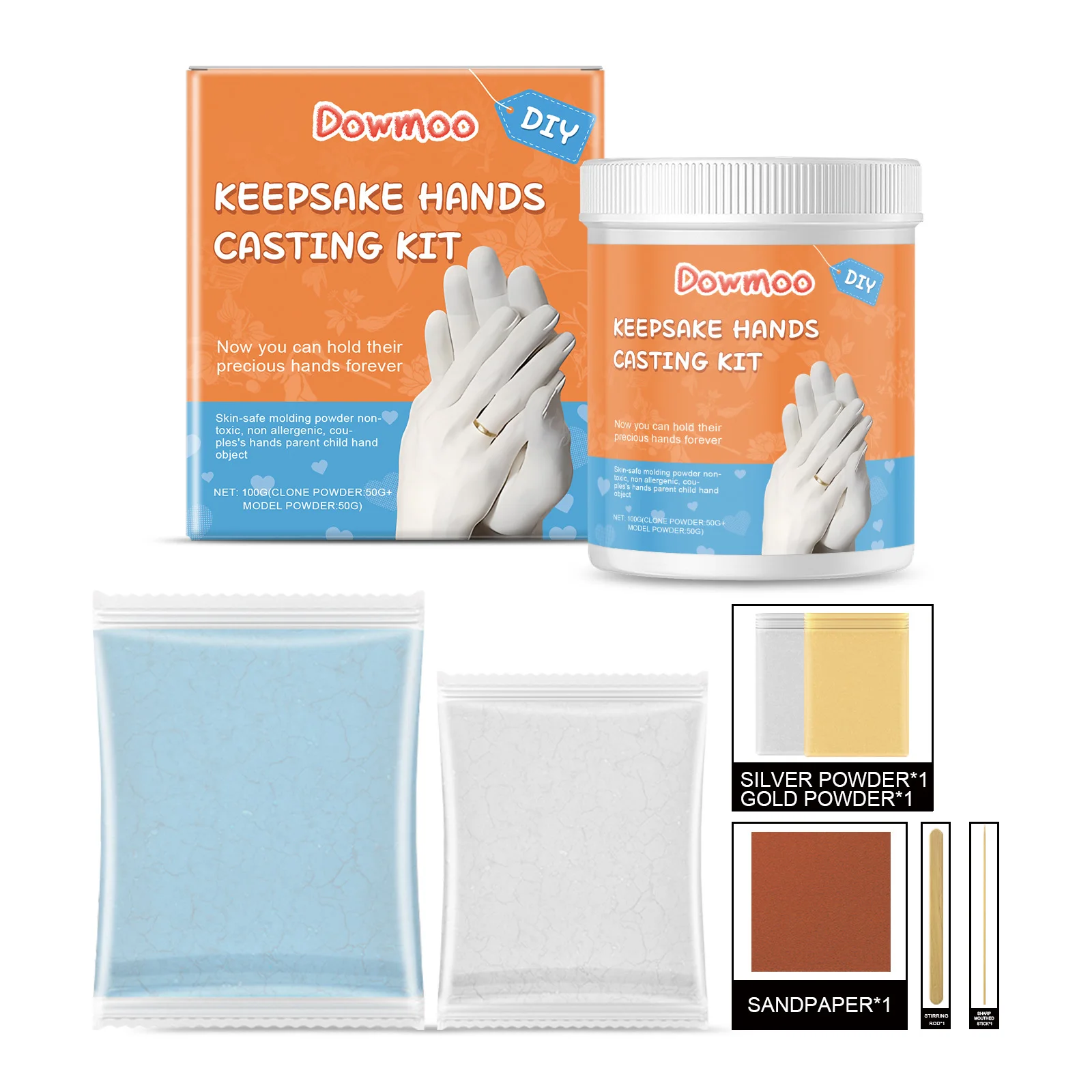 3D Hand Casting Kit - Box, Retarder & Filler Active Clone & Plaster Powder, DIY 3D Keepsake Mold Making Kit with Gold & Silver Finish for Couples, Families & Loved Ones