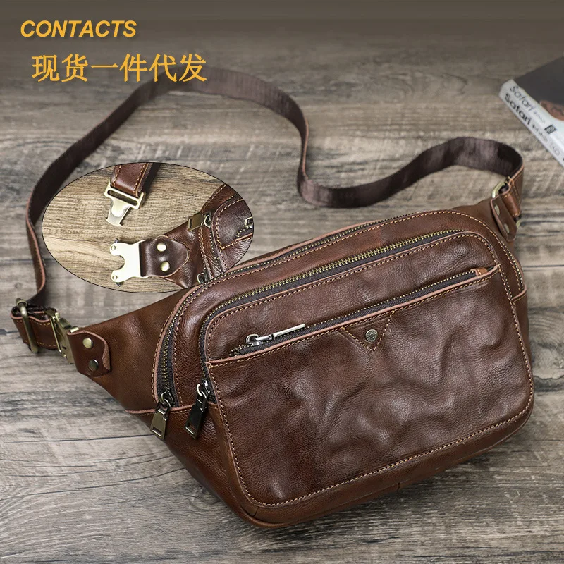 HTS-MB260 حقيبة صدر للرجال مصنوعة يدويًا من الجلد بطبقة رأس، حقيبة خصر رياضية كاجوال للرجال