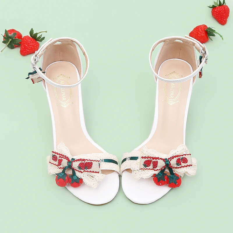 Summer Sweet Strawberry Flower Sandals Sweet Girl Ankle Strap Open Toe Lace Bowknot Shoes Chunky Square Heel Daily Wear Pumps