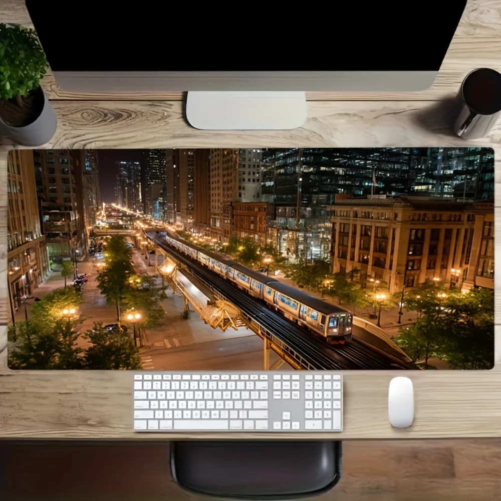 Tapis de souris gaming avec illustration de scène de rue de marché nocturne et train surélevé, décoration de bureau tendance
