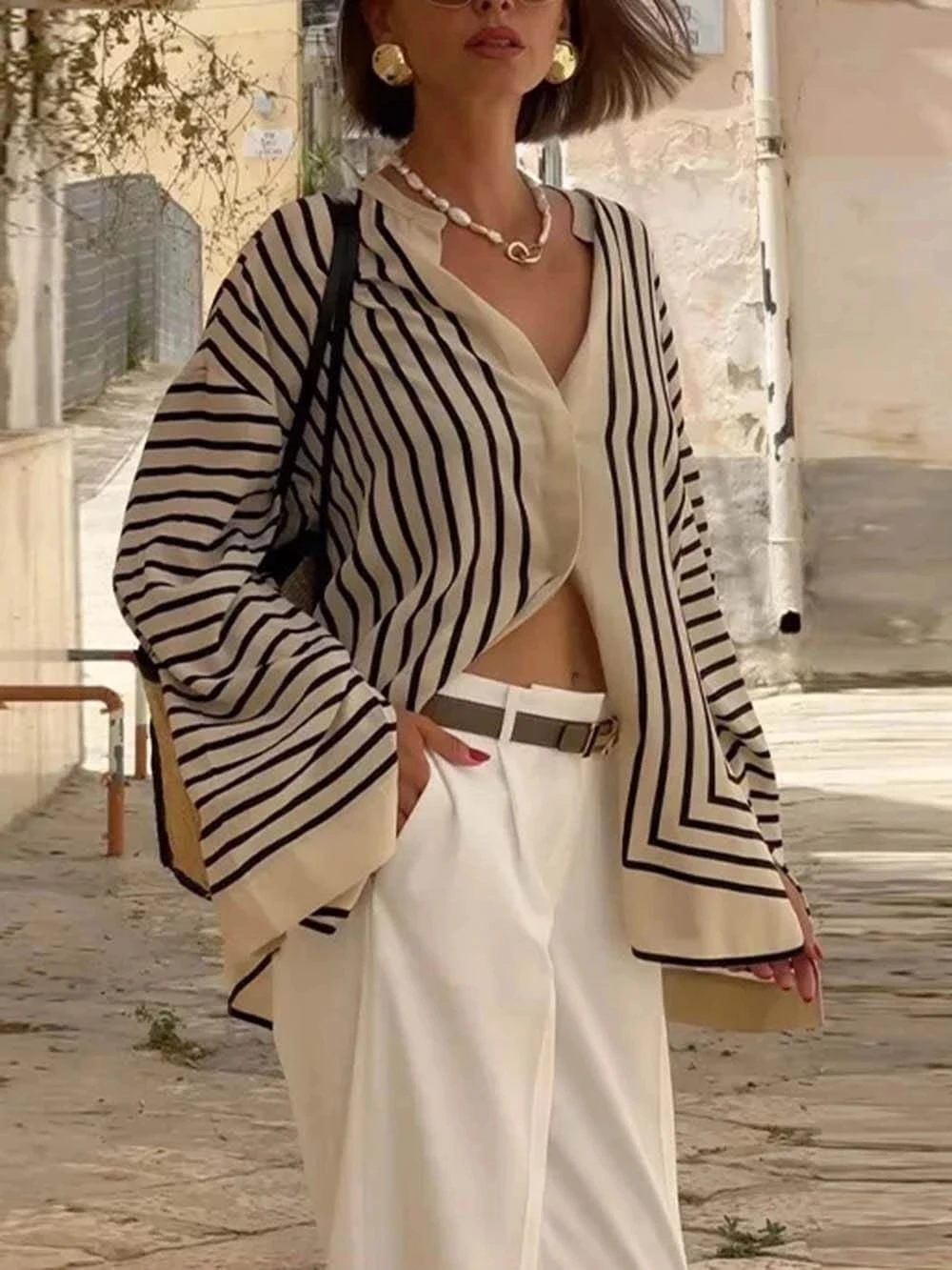 

Новая европейская и американская рубашка с длинными рукавами, полосатый свободный кардиган, рубашка для внешней торговли для женщин