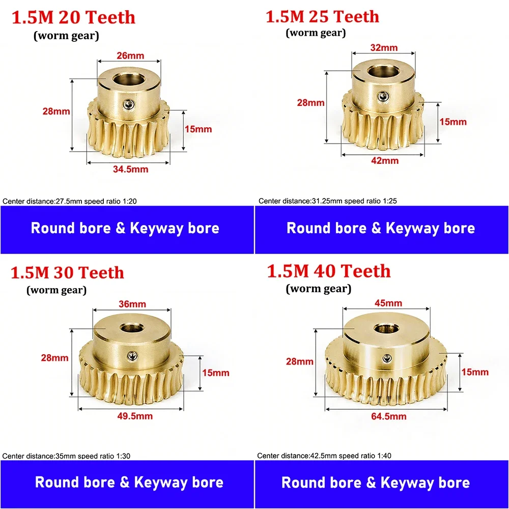 1.5 Mod 20-40 Teeth Worm Rod  Or Brass Worm Gear Ratio 1:20 1:22 1:24 1:25 1:30 1:40 Electric Motors Brass Worm Gearworm Rod