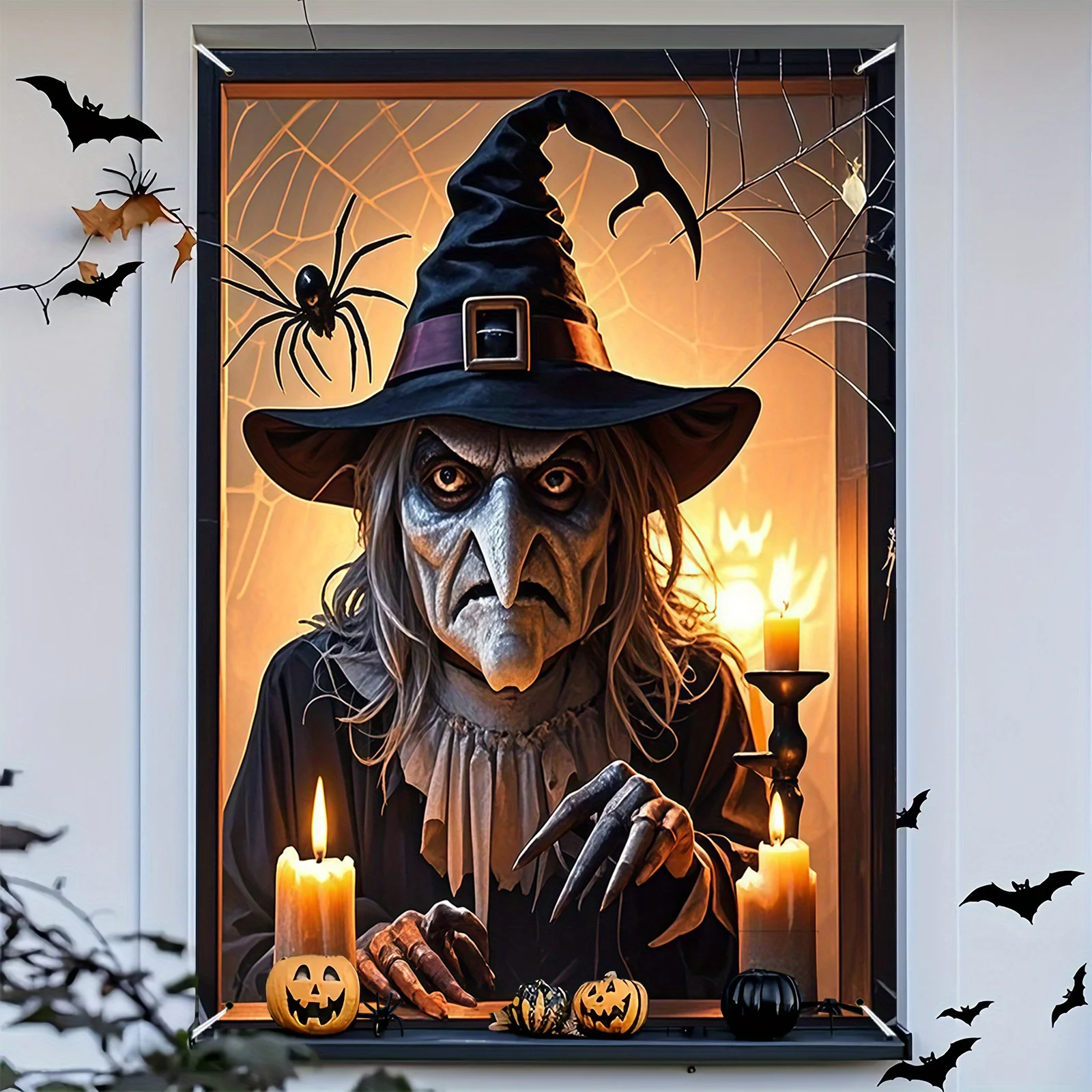 قطعة واحدة من لافتة نافذة ساحرة الهالوين - تصميم ساحرة شبح البوليستر، الشموع والقرع، ديكور حفلات الهالوين