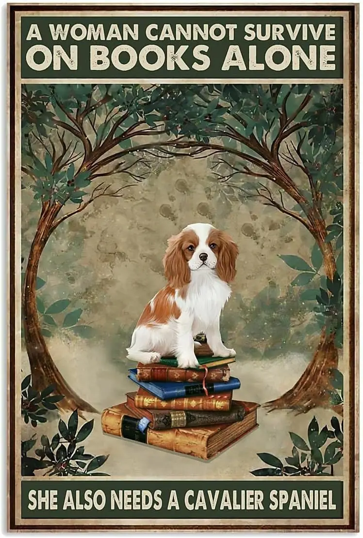 Letrero metálico retro con diseño de mujer amando a un perro Cavalier King Charles Spaniel y un libro, decoración de pared.