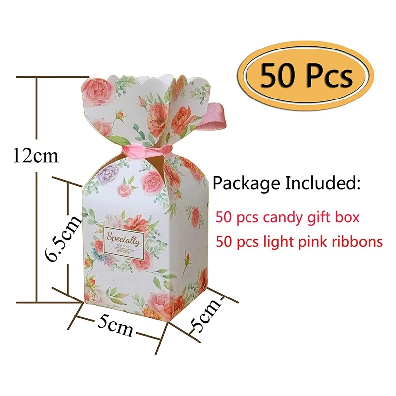 Nowy 50 szt. Kwiatowy wzór pudełka na cukierki wieczór panieński ślubny urodziny dziecka upominek przyjęcie pudełko z 50 jasnoróżową wstążką