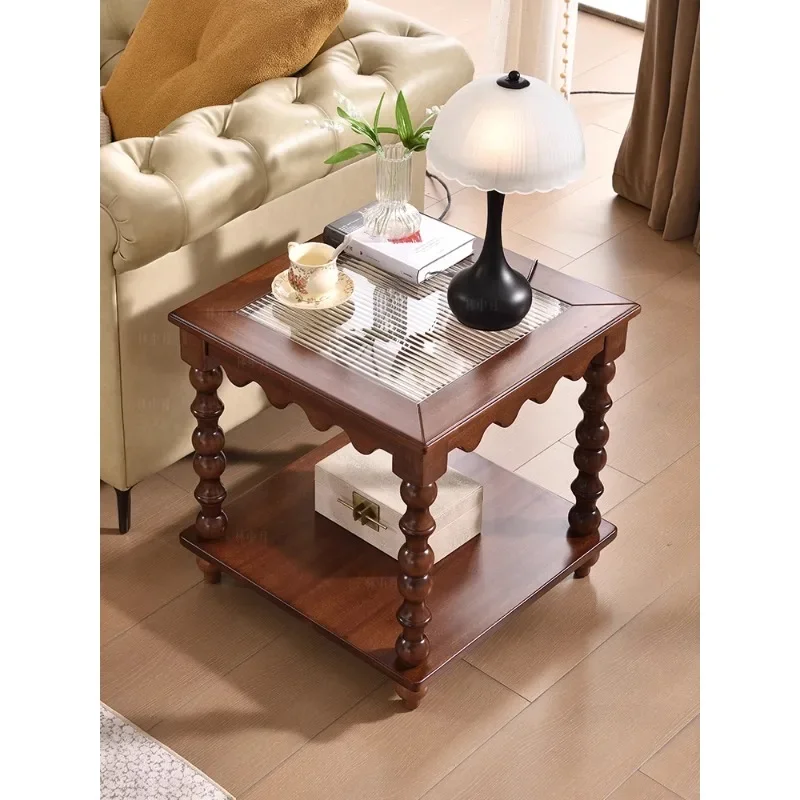 Medieval solid wood square few living roomhousehold French retro rectangular glass edge few sofa double-layer storage corner few