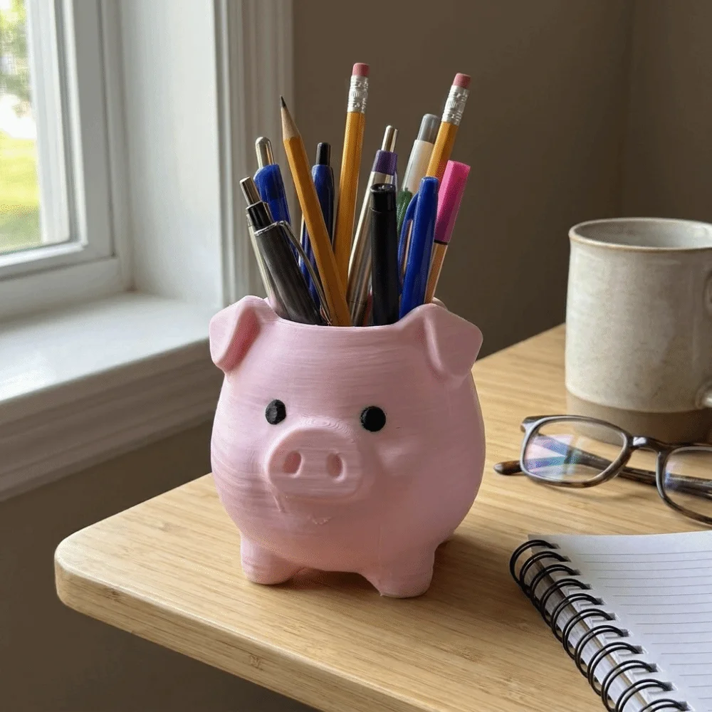 3D Printed Pig Pen Holder Plastic Cartoon Makeup Brush Holder Pig Figurine Animal Shaped Succulent Pot Stationery Organizer