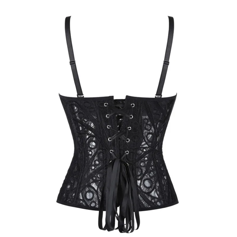 Gothic Sheer Lace Corset Top Spaghetti Strap Sweetheart Bustier Women Back Ribbon Waist Trainer Party Shaper view 3