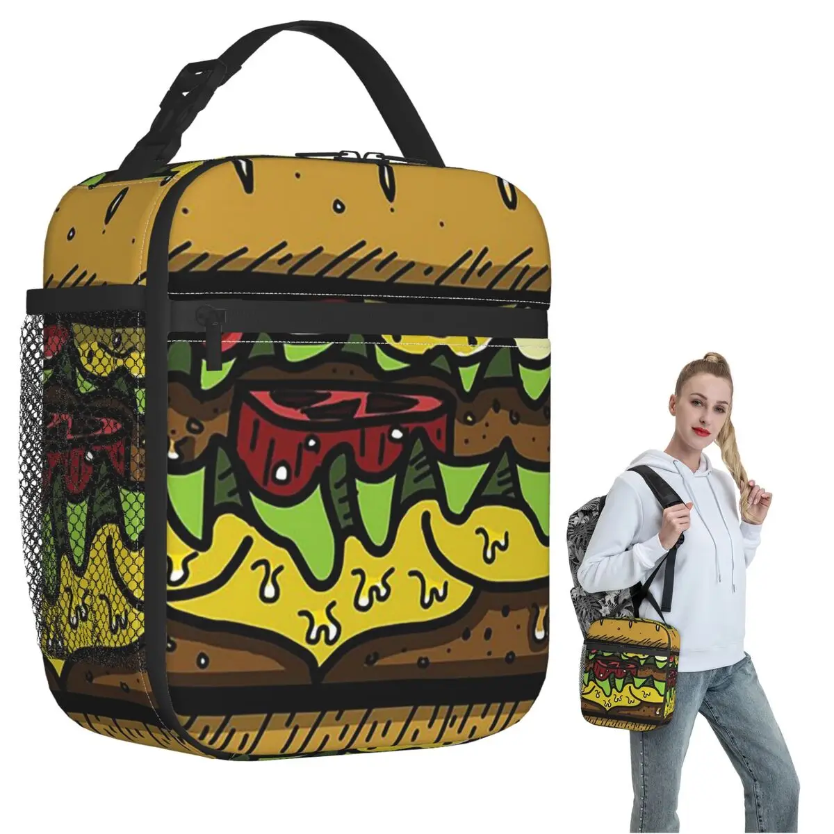 

Большая термосумка для обедов с рисунком гамбургера для женщин и детей, портативный контейнер для еды, термосумка-тоут