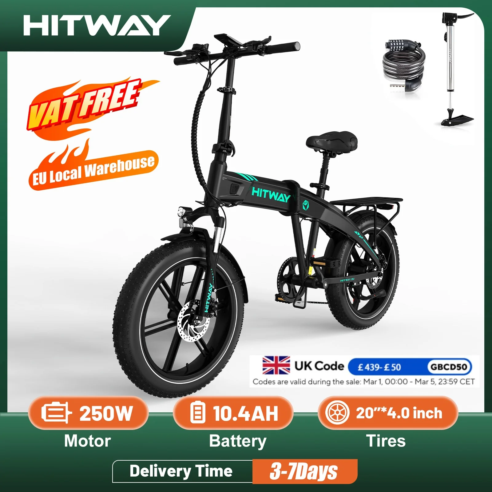 HITWAY 20*4.0 "bici elettrica, batteria 48V 10.4Ah fino a 50-100KM, 250W Motor Fat Tire E Bike, biciclette elettriche pieghevoli