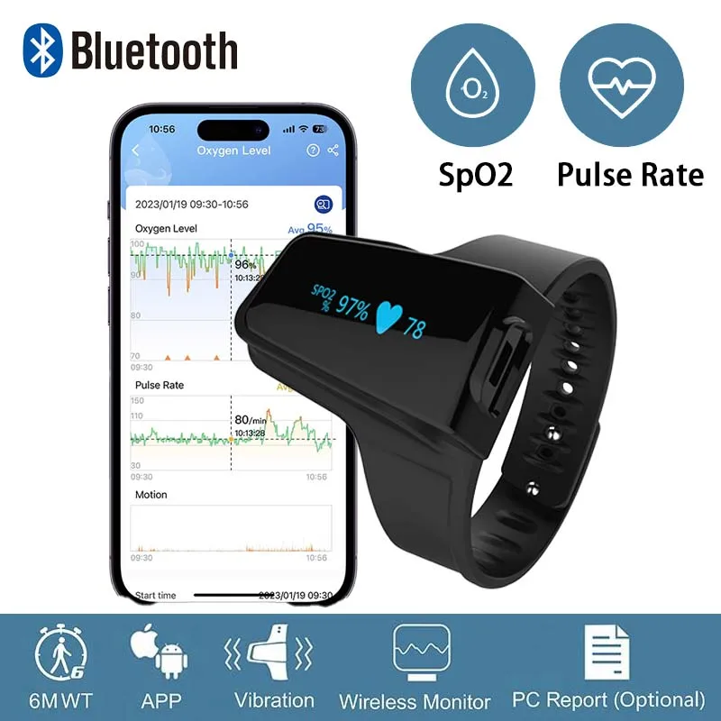 

Bluetooth 24 Hour Pulse Oximeter Wrist Oxygen Saturation Monitor Low SpO2 Level and Heart Rate Digital Screen Home Health