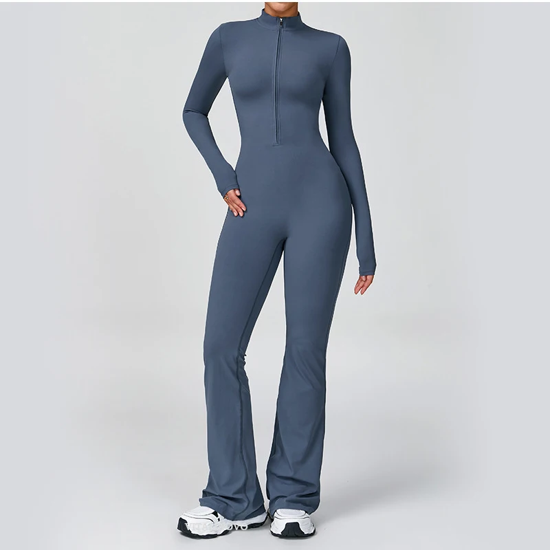 VITALINOVO Damen-Overall mit langen Ärmeln, Flare-Workout-Overall, Reißverschluss, Strampler, Hose, weites Bein, Ganzkörper-Body, figurbetont, einteilig – Detail 19