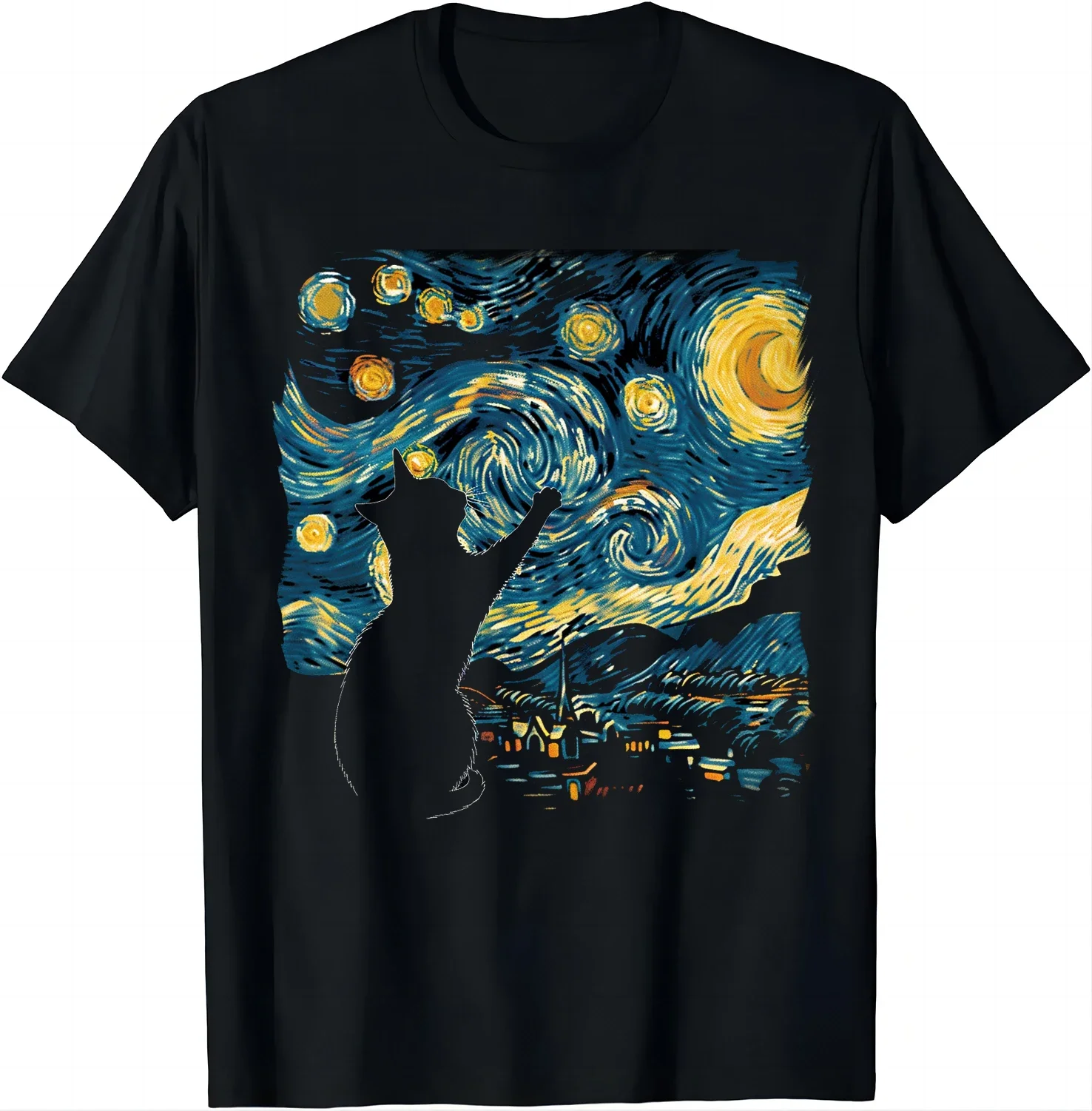 Футболка Cat Under The Starry Sky - Дух Ван Гога, футболки с графическим рисунком, мужская одежда, топы, уличная одежда, Ropa Hombre