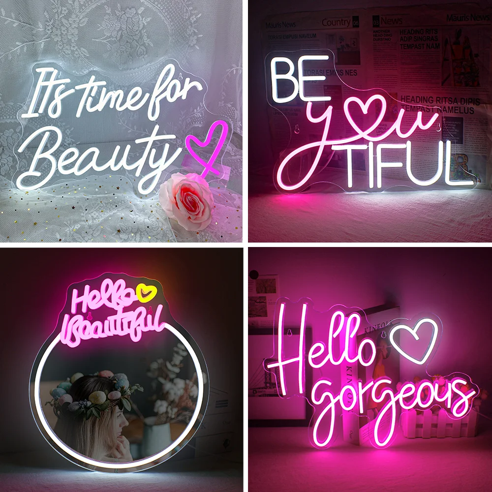 It's Time For Beauty Neon Sign For Wall Decor USB Power Art Letter Neon Lights Room Decoration Nails Hair Salon Studio Logo Lamp