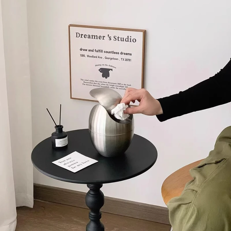 

Стильная мусорная корзина из нержавеющей стали в форме яйца, мини-урна для офиса, креативный акцент для домашнего декора